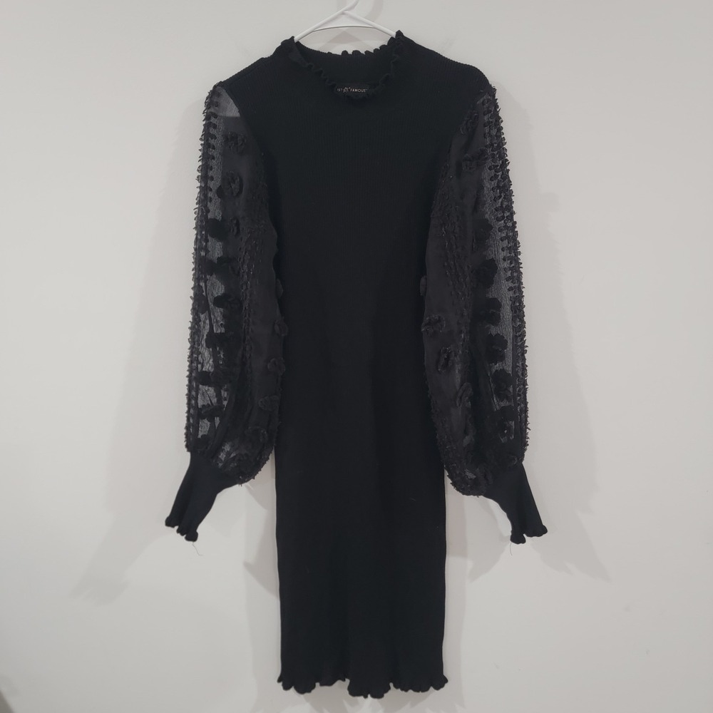 Womens Fitted Black Midi Dress Size Small Sheer Sleeves 3D Floral Whimsigoth